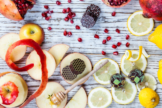 Rosh Hashanah Chocolate, apple and honey truffles, pomegranate truffles, and citron truffles 