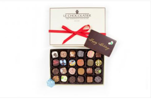 24 truffle, incl. eggnog, pumpkin spice! A choco plaque - Happy Holidays & foil wrap choco snowflake