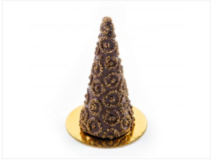 Two magnificent 3D chocolate Christmas trees decorated with gold sugars for a festive holiday look.