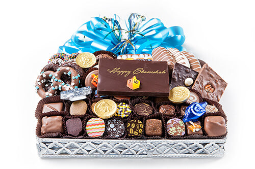 48pc Choco prtzls, grhms, Oreos, Bisctti, shrtbrd. Choco & truffles. Foil leaf & plq Happy Chanukah.