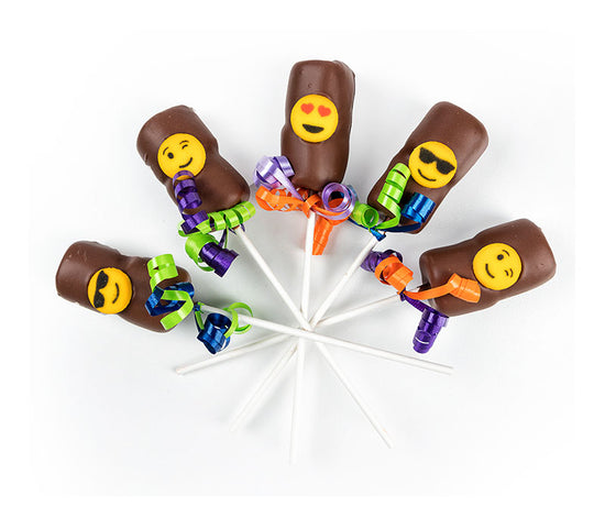 5pc Purim, adorable emoji decorated, hand-dipped chocolate marshmallow sticks, individually wrapped