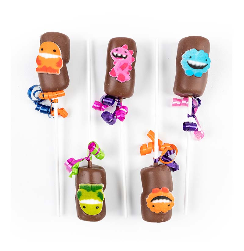 5 pc Purim hand-dipped chocolate, monster decorated marshmallow sticks, individual wrap with cello