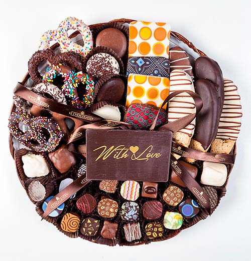 14in with love platter - dipped pretzels, cvrd Grahams, Oreos, nut bark & 30 chocolates & truffles.