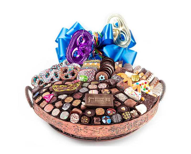 100 truffles, choco, cookies & pretzels Choco Hmntschn, Happy Purim plqe, foil cvrd masks & Hmntschn