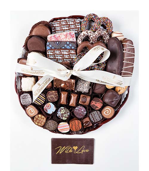 12in with love platter - dipped pretzels, cvrd Grahams, Oreos, nut bark & 24 chocolates & truffles.