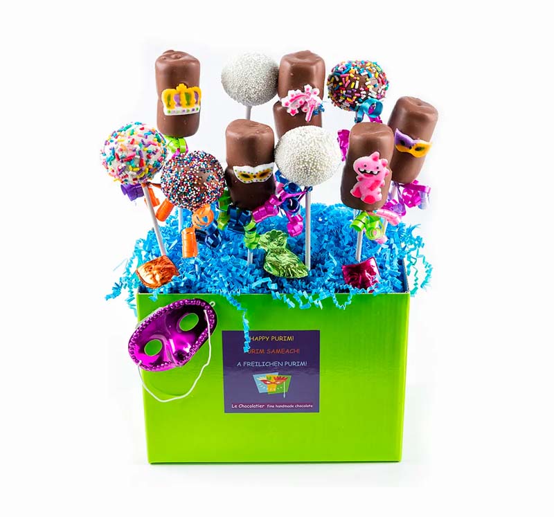 Box of 10, MM Pops & Cake Pops, deco for Purim. Solid choco foil-cvrd pieces. Sig ribbon & foil mask