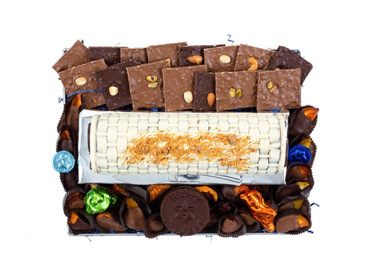 48oz. Hazelnut Praline Log - choco bark & dip dry fruits. Foil cvrd Frog, Locust, David Stars & plaq