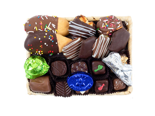 19 pc - dipped Lady Fingers, Macaroons, Matzah, chocos & truffles, foil Frog, Locust & Passover plaq