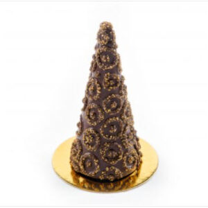 Two magnificent 3D chocolate Christmas trees decorated with gold sugars for a festive holiday look.