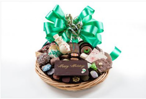 Truffles, chocos, cookies, pretzels, plaque - Happy Holidays & snowman, foil cvrd snowflakes & trees