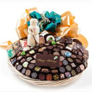Bskt has 112 truffles, chocolates, cookies, pretzels, chocolate plaque - Happy Holidays & snowman, foil cvrd snowflakes & trees