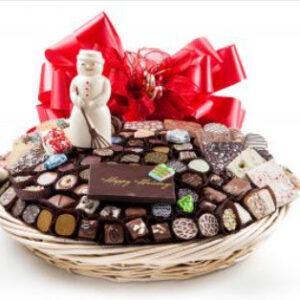 Bskt has 140 truffles, chocolates, cookies, pretzels, chocolate plaque - Happy Holidays & snowman, foil cvrd snowflakes & trees