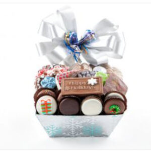 Slvr box - Chocolate pretzels, grahams, Oreos & biscotti Chocolate plaq - Happy Holidays & snowman, foil cvrd snowflake & tree