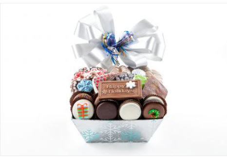 Slvr box - Chocolate pretzels, grahams, Oreos & biscotti Chocolate plaq - Happy Holidays & snowman, foil cvrd snowflake & tree