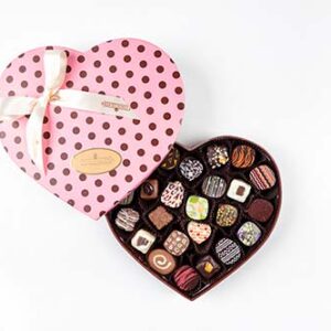 Lovely heart shaped gift box contains 25 pieces of our most luscious and distinguished Truffles.