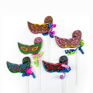 5 Hand painted solid chocolate mask pops, each is individually wrapped in cello & colorful ribbon.