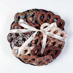 Platter has 20 choco cvrd pretzels, with sprinkles & choco drizzle. Pretzels are kosher with OU cert