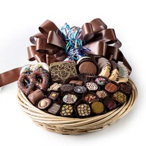38-40 pc Basket of truffles, chocolate cvrd cookies & pretzels. Willow tray, with hand tied ribbon
