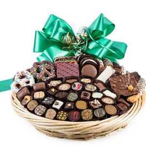 60 pc Basket of truffles, chocolate cvrd cookies & pretzels. Willow tray, with hand tied ribbon