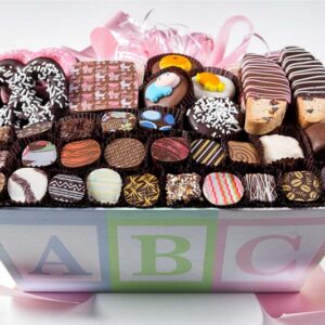 40 pc ABC Box with chocolates, truffles, hand dipped cookies and pretzels. Baby colors & themes.