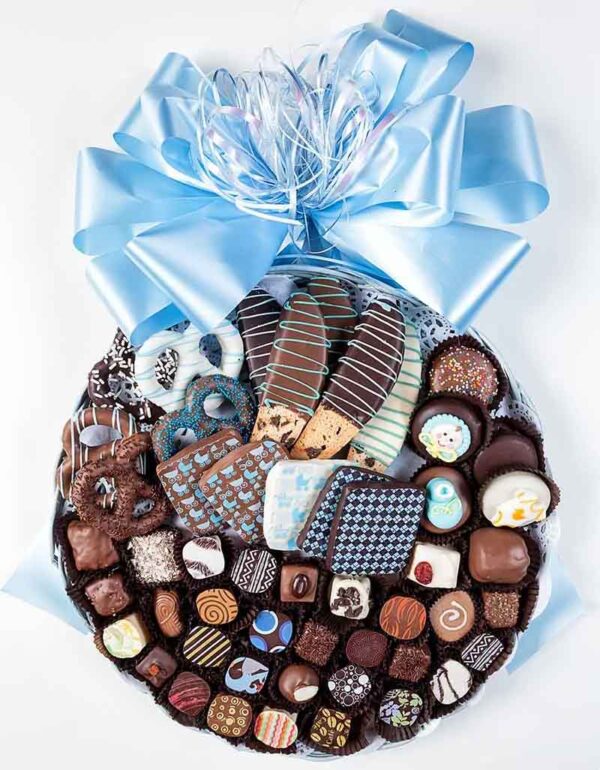 42 pc choco, truffles, dipped cookies & pretzels in baby color themes, 12-inch, blue platter & bow