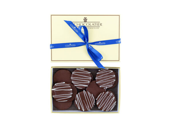 Chocolate covered Matzah; dipped in chocolate & arranged individually in a tea style Matzahs box.