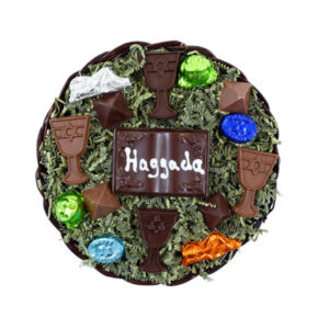 Platter - chocolate Haggadah, Wine Cups, Pyramids, foil wrap Frogs, Locusts, & oval Passover pieces